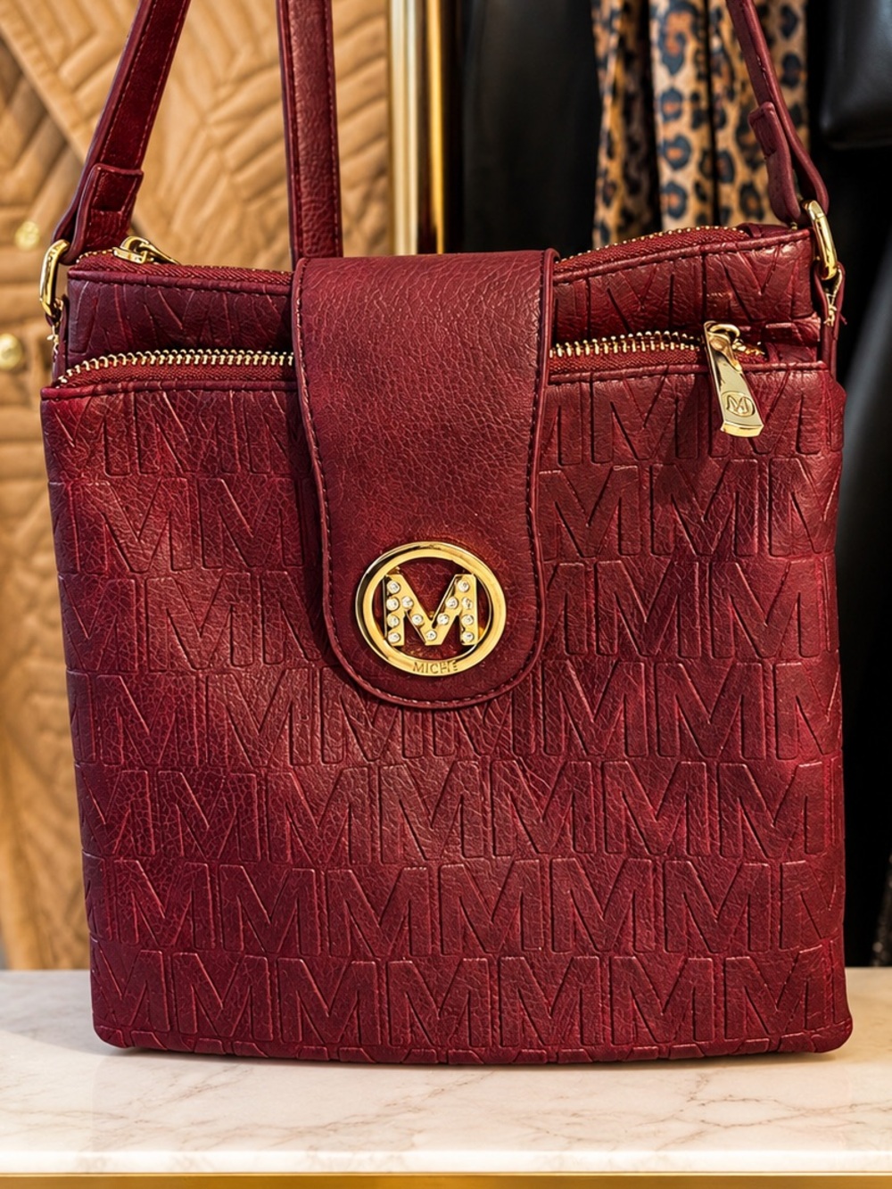 Mkt Collection Burgundy Crossbody with Gold 'M' Medallion